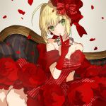  1girl ahoge april_fools blonde_hair breasts cleavage dress earrings fate/extra fate_(series) finger_to_mouth flower flower_earrings gloves green_eyes jewelry necklace official_art petals red_gloves red_rose rose saber_extra short_hair solo strapless_dress striped striped_dress wada_aruko 
