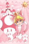  1girl animal_costume animal_ears aodaisuki blonde_hair blue_eyes castle cat_costume cat_ears crown earrings highres jewelry lipstick looking_at_viewer makeup mushroom princess_peach sitting solo super_mario_bros. super_mushroom 