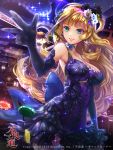  1girl 2013 blonde_hair breasts casino choker cleavage contrapposto dress earrings elbow_gloves flower furyou_michi_~gang_road~ gloves green_eyes hair_flower hair_ornament jewelry large_breasts long_hair official_art original parted_lips print_gloves purple_dress smile solo sparkle wooju 