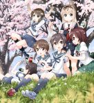  6+girls aqua_eyes bag black_hair blonde_hair blue_sky bottle brown_eyes brown_hair cherry_blossoms clouds coca-cola drinking fubuki_(kantai_collection) grass grey_eyes hair_ribbon hanging_from_tree hatsuyuki_(kantai_collection) kantai_collection kneehighs lap_pillow long_hair low_twintails manga_(object) midriff miyuki_(kantai_collection) multiple_girls mutsuki_(kantai_collection) neckerchief open_mouth petals pink_eyes pleated_skirt puffy_short_sleeves puffy_sleeves reading ribbon school_uniform serafuku shirayuki_(kantai_collection) shirt shopping_bag short_sleeves sitting skirt sky smile soda_can tree tsurukou_(tksymkw) twintails yuudachi_(kantai_collection) 