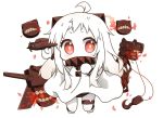  1girl ahoge airplane black_panties chibi covered_mouth dress holding horns kantai_collection long_hair looking_at_viewer machinery mittens nipeira northern_ocean_hime panties red_eyes shinkaisei-kan simple_background solo turret underwear white_background white_dress white_hair white_skin 