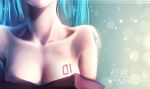  1girl bai_yemeng bare_shoulders blue_hair body_writing breasts butterfly_tattoo character_name cleavage collarbone hatsune_miku head_out_of_frame md5_mismatch off_shoulder revision solo tattoo upper_body vocaloid 