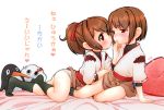  2girls arm_support artist_name bed black_legwear blush brown_hair chin_grab failure_penguin hyuuga_(kantai_collection) ise_(kantai_collection) japanese_clothes kantai_collection lee_(colt) lips lying miss_cloud multiple_girls on_stomach panties pillow ponytail red_eyes short_hair simple_background sitting skirt underwear white_background white_panties yokozuwari younger 