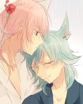  2boys animal_ears aqua_hair blue_eyes flower hair_flower hair_ornament inazuma_eleven_(series) inazuma_eleven_go kariya_masaki kemonomimi_mode kirino_ranmaru long_hair male_focus multiple_boys pink_hair shirota69 twintails yellow_eyes 