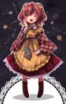  1girl apron bell boots bow checkered duster full_body hair_bell hair_ornament highres japanese_clothes long_sleeves looking_at_viewer motoori_kosuzu one_eye_closed open_mouth orange_hair sanso shirt short_hair simple_background skirt solo star text touhou twintails violet_eyes wide_sleeves 