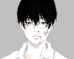  1boy black_hair blood blood_from_mouth bloody_nose blue_eyes brown-framed_glasses bruise collarbone facing_viewer glasses grey_background injury original re:i simple_background solo upper_body 