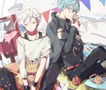  2boys ^_^ aqua_hair bespectacled cat closed_eyes contemporary daenarys earrings flag fox glasses ichigo_hitofuri jewelry male_focus multiple_boys nakigitsune nakigitsune&#039;s_fox necklace sitting smile touken_ranbu white_hair yellow_eyes 