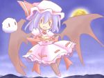  1girl bat_wings blush chibi crossed_arms fang hat hat_ribbon kedama moon night night_sky remilia_scarlet ribbon sky solid_oval_eyes tilde_(ice_cube) touhou wings 