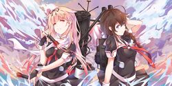  2girls ahoge black_skirt blonde_hair blue_eyes braid brown_hair commentary_request hair_flaps hair_ornament hair_ribbon hairclip highres kantai_collection litsvn long_hair multiple_girls pleated_skirt red_eyes remodel_(kantai_collection) ribbon scarf school_uniform serafuku shigure_(kantai_collection) short_sleeves single_braid skirt smile yuudachi_(kantai_collection) 