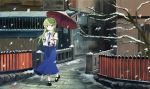 1girl bare_shoulders chokokorone_(artist) detached_sleeves frog_hair_ornament green_hair hair_ornament kochiya_sanae long_hair long_skirt long_sleeves oriental_umbrella shirt skirt smile snake_hair_ornament snowing solo touhou town umbrella very_long_hair wide_sleeves