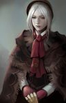  1girl bangs bloodborne bonnet cloak doll_joints expressionless lips nose pale_skin parted_bangs phamoz plain_doll scarf short_hair solo white_hair 