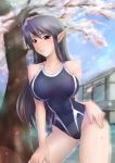  1girl black_hair breasts brown_eyes character_request competition_swimsuit haneori highres katori_(pso2) large_breasts one-piece_swimsuit phantasy_star phantasy_star_online_2 pointy_ears swimsuit 