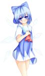  1girl aiykawa ascot blue_eyes blue_hair blush bow cirno colored_eyelashes cowboy_shot d: dress fang hair_bow hair_ribbon head_tilt highres ice ice_wings large_bow looking_at_viewer open_mouth popsicle ribbon short_dress short_hair solo thighs touhou wings 