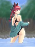  1girl animal_ears ass back bare_shoulders blurry bow braid cat_ears competition_swimsuit depth_of_field extra_ears forest gomi_(gomitin) hair_bow hoodie kaenbyou_rin long_hair looking_at_viewer looking_back nature no_tail off_shoulder one-piece_swimsuit open_mouth pointy_ears red_eyes redhead solo standing swimsuit swimsuit_under_clothes touhou twin_braids water 