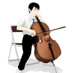  1boy black_hair cello chair folding_chair ikari_shinji instrument neon_genesis_evangelion playing_instrument re:i school_uniform simple_background sitting solo white_background 