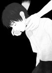  1boy arms_around_neck black_background black_hair body_offscreen greyscale leaning_forward looking_down monochrome original pants re:i shirt simple_background solo_focus upper_body white_shirt 