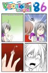  2girls 4koma ahoge brown_hair bumping catstudioinc_(punepuni) comic grey_hair highres injury left-to-right_manga meiko multiple_girls necktie needle pain red_eyes ribbon thai translated vocaloid yowane_haku 