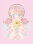  1girl blue_eyes blush face jojon looking_at_viewer mister_donut personification pink_background pink_hair simple_background smile solo sugar_glazed twintails upper_body 