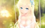  1girl blonde_hair blue_eyes blurry blush boku_wa_tomodachi_ga_sukunai breasts butterfly_hair_ornament cait cleavage collarbone depth_of_field hair_ornament highres kashiwazaki_sena large_breasts long_hair looking_at_viewer smile solo upper_body 