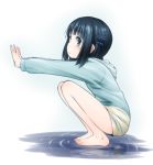  1girl bare_legs barefoot black_hair blue_eyes blush folded_hair from_side full_body hair_rings hoodie kokekokko_coma long_hair looking_at_viewer nagi_no_asukara open_mouth shiodome_miuna shorts solo squatting stretch twintails 