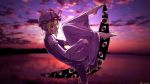  1girl artist_name backlighting bangs barefoot blonde_hair breasts clouds dated ears expressionless eyes floating gap hair_bun hair_up hat hat_ribbon highres legs_up long_legs long_sleeves looking_to_the_side mob_cap naipi_sang ocean pointy_nose purple_sky red_eyes reflection ribbon silhouette solo sun sunlight tabard thighs touhou yakumo_yukari 