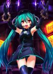  1girl aqua_hair bare_shoulders black_dress black_gloves black_hair black_legwear dress elbow_gloves flame gears gloves hat hatsune_miku headset highres machinery magu_(mugsfc) open_mouth panties pantyshot pantyshot_(standing) project_diva project_diva_f red_eyes revision sadistic_music_factory_(vocaloid) sleeveless sleeveless_dress smile solo standing tattoo thighhighs twintails underwear vocaloid 