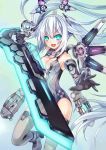  1girl :d aqua_eyes bare_shoulders black_gloves black_heart breasts choujigen_game_neptune cleavage commentary gloves highres jpeg_artifacts long_hair looking_at_viewer neptune_(series) noire open_mouth smile solo sword sxbzero twintails weapon white_hair 