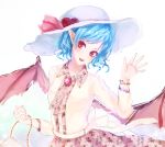  1girl alternate_costume alternate_headwear bag bat_wings blue_hair bow breasts brooch collared_shirt floral_print flower hand_up handbag hat hat_bow hat_flower island_(nandarou-doushiyou) jewelry looking_to_the_side purple_skirt red_eyes remilia_scarlet rose short_hair simple_background skirt solo sun_hat touhou watch waving white_background wings 