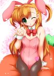  1girl animal_ears blonde_hair bowtie bunnysuit carrot cushion detached_collar fake_animal_ears green_eyes hairband kannagi_tsukasa kiss long_hair lyrical_nanoha mahou_shoujo_lyrical_nanoha_strikers mahou_shoujo_lyrical_nanoha_vivid name_tag one_eye_closed pantyhose rabbit_ears twintails two_side_up vivio wrist_cuffs 