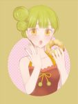  1girl bangs blunt_bangs blush doughnut face green_hair green_nails halterneck jojon looking_at_viewer mister_donut nail_polish open_mouth personification pon_de_kokutou simple_background solo upper_body yellow_eyes 
