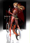  1girl 2015 animal_ears bicycle bodysuit cat_ear_headphones cat_ears fake_animal_ears full_body headphones highres long_hair looking_at_viewer looking_back luo_guan_gyou neon_genesis_evangelion nerv orange_hair plugsuit solo souryuu_asuka_langley standing 