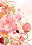  1girl antenna_hair brown_hair cardcaptor_sakura dress food frilled_dress frills green_eyes highres kinomoto_sakura macaron pastry short_hair solo tamaru 