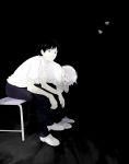  2boys bench black_background black_hair butterfly elbows_on_knees greyscale head_on_arm hunched_over leaning_forward looking_at_viewer monochrome multiple_boys original pants re:i shirt shoes side-by-side simple_background sitting white_shirt 