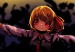  1girl berabou blonde_hair blush bow dark darkness gradient gradient_background hair_bow hair_ornament long_sleeves looking_at_viewer necktie outstretched_arms red_eyes rumia shirt short_hair smile solo touhou vest 