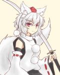  1girl animal_ears detached_sleeves gomi_(gomitin) hat hat_ribbon inubashiri_momiji long_sleeves looking_at_viewer over_shoulder pink_eyes pom_pom_(clothes) ribbon ribbon-trimmed_sleeves ribbon_trim shirt silver_hair solo sword sword_over_shoulder tail tokin_hat touhou weapon weapon_over_shoulder wide_sleeves wolf_ears wolf_tail 