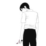  1boy black_hair blood_on_hands bloody_knife from_behind holding_knife knife looking_down monochrome original re:i simple_background solo spot_color white_background 