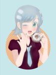  1girl aqua_background aqua_eyes aqua_nails bangs blue_hair blush coconuts_chocolate doughnut face jojon looking_at_viewer mister_donut nail_polish necktie one_eye_closed open_mouth personification short_hair simple_background solo upper_body 