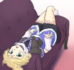  1girl aqua_eyes arm_warmers blonde_hair couch gomi_(gomitin) lying mizuhashi_parsee on_back open_mouth pointy_ears shirt short_sleeves skirt solo touhou 