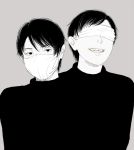  2boys black_hair blending blindfold face_mask facing_viewer grey_background grin mask monochrome multiple_boys original re:i side-by-side simple_background smile teeth 