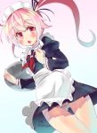  1girl alternate_costume apron artist_name blush chestnut_mouth hair_ornament hair_ribbon harusame_(kantai_collection) highres imu_sanjo jpeg_artifacts juliet_sleeves kantai_collection long_hair long_sleeves looking_at_viewer maid maid_headdress multicolored_hair open_mouth panties pink_eyes pink_hair puffy_sleeves ribbon side_ponytail signature skirt solo striped striped_panties tray twitter_username underwear waitress 