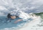  1girl abstract beach black_hair clouds cloudy_sky giantess long_hair neetiska ocean one_eye_covered original partially_submerged scenery sky solo waves wet_hair 