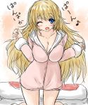  1girl atago_(kantai_collection) blonde_hair blue_eyes blush breasts clenched_hand harusame_nuko jacket kantai_collection large_breasts long_hair musical_note no_hat one_eye_closed open_mouth pillow smile solo translation_request 
