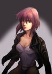  1girl absurdres breasts ghost_in_the_shell ghost_in_the_shell_stand_alone_complex highres jacket kusanagi_motoko leotard purple_hair realistic red_eyes short_hair solo yixinhe 