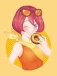  1girl blue_eyes blush doughnut face grin jojon looking_at_viewer mister_donut old_fashion_(doughnut) one_eye_closed personification redhead short_hair simple_background sleeveless smile solo sunglasses sunglasses_on_head upper_body 