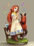  1girl blue_eyes boots bottle brown_hair dress epona figure grass hands_together highres horse long_hair malon milk_bottle mizore_akihiro musical_note open_mouth pointy_ears signature singing the_legend_of_zelda the_legend_of_zelda:_ocarina_of_time 