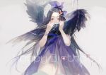  1girl bangs_pinned_back bird_wings black_hair black_wings commentary_request covering_mouth dress flower grey_background hair_flower hair_ornament hair_ribbon happy_birthday long_hair nineo original ribbon simple_background solo tagme very_long_hair violet_eyes wings 