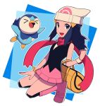  1girl :d bag beanie black_hair black_legwear black_shirt boots bracelet clenched_hand commentary_request duffel_bag eyelashes full_body grey_eyes hair_ornament hairclip hat highres hikari_(pokemon) jewelry long_hair looking_at_viewer open_mouth outline over-kneehighs pink_footwear pink_skirt piplup pokemon pokemon_(creature) pokemon_(game) pokemon_dppt poketch red_scarf scarf shirt sidelocks skirt sleeveless sleeveless_shirt smile thigh-highs tongue tyako_089 watch watch white_headwear yellow_bag 