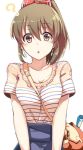  1girl ? bag blush bow breasts brown_eyes brown_hair butakata chestnut_mouth collarbone earrings hair_bow hori_yuuko idolmaster idolmaster_cinderella_girls jewelry open_mouth ponytail shirt short_sleeves simple_background solo striped striped_shirt white_background 