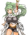  1girl :d bike_shorts blush breasts green_hair high_ponytail holding holding_sword holding_weapon large_breasts long_hair navel open_mouth original ponytail sachito simple_background smile solo sumi-chan_(sachito) white_background yellow_eyes 