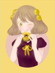  1girl blush brown_hair doughnut face golden_chocolate jojon licking_lips looking_at_viewer mister_donut nail_polish personification short_hair simple_background smile solo upper_body yellow_background yellow_eyes yellow_nails 